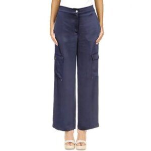Michael Kors Womens Solid Satin Cargo Pants XL Midnight Blue High Rise Wide Leg